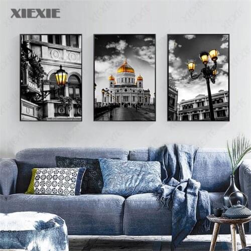 Modern Black and White European Building Poster Wall Art Minimalist Yellow Street Light Canvas Painting Nordic Living Room Decor