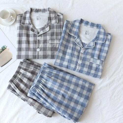 Spring Cotton Thin Couple Pyjama Long-sleeved Plaid Pajamas for Women Casual Lapel Lounge Wear 2 Piece Sleepwear Men Home Suit