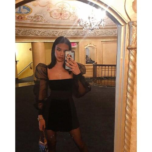 High Quality Black Rayon Bandage Dress Square Collar Lace Long Sleeve Bodycon Women Dress Evening Party Dress