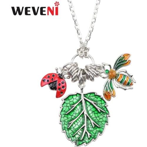 WEVENI Enamel Alloy Tropic Leaf Bee Beatles Necklace Chain Collar Pendant Charm Summer Insect Jewelry For Women Girls Gift 2018