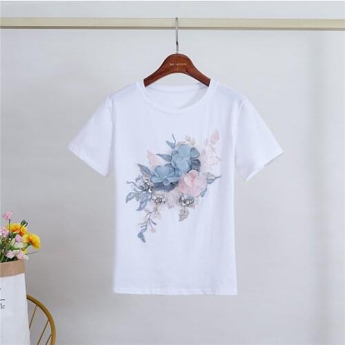 Blue Lace Flowers White T-shirt 2020 New Individuality Embroidery Floral Top Fashion T-shirt Women short sleeve Casual T-shirt