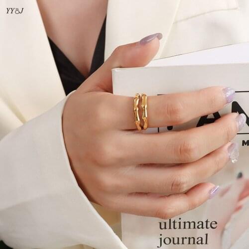 Double layered Bamboo rings for women stainless steel gold cuff rings minimalist dainty elegant trendy women jewelry 2021