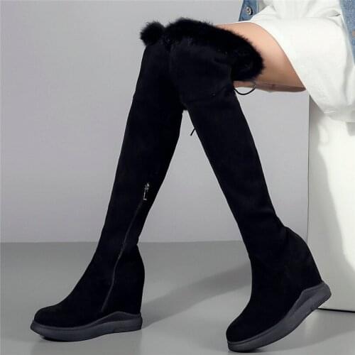 Trainers Women Genuine Leather Wedges High Heel Knee High Boots Female Winter Warm Fur Thigh High Fashion Sneakers Long Pumps