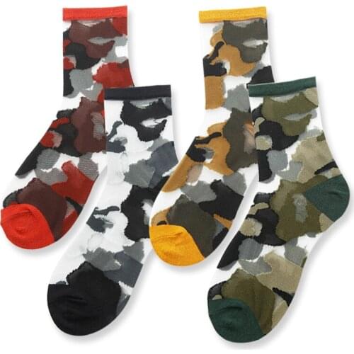 Women Silk Socks Summer 2020 Harajuku Streetwear Fashion Camouflage Socks Mujer Casual Sport Transparent Thin Skateboard Socks