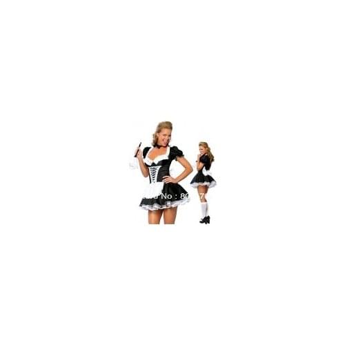 Free shipping French Maid Ladies Fancy Dress Party Hens Night Xmas Costume cosplay without fur brush size S,M,L,XL,2XL,3XL,4XL