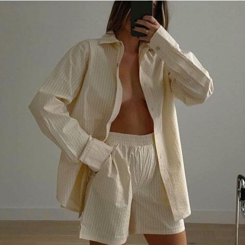 2 PCS Womens Autumn Tracksuits Long Blouses +High Waist Shorts Stripe Plus Size Outsuit Homewear Pants Set Playsuit 2021