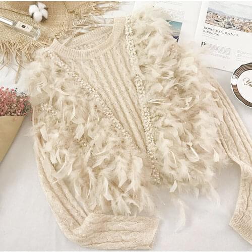 Sweater Feather Patch Knitted Women PulloverD Sweater Pearls Female 2020 Spring Sweater O-neck Casual Ladies Jumper SA355S30