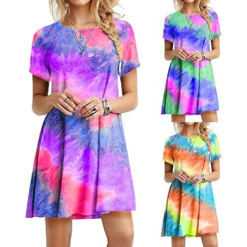 Women Casual Summer Short Sleeve O Neck Tie Dye Large Hem A line Mini Dress