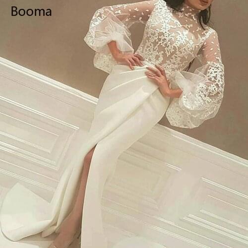 Ivory Dubai High Neck Mermaid Evening Dresses Long Puff Sleeves Lace Arabic Prom Dresses Pleated Slit Trumpet Party Dresses