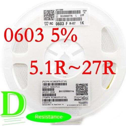 100PCS SMD Resistor 0603 5% RC0603JR-07 Series 5.1R 5.6R 6.2R 6.8R 7.5R 8.2R 9.1R 10R 11R 12R 13R 15R 16R 18R 20R 22R 24R 27R
