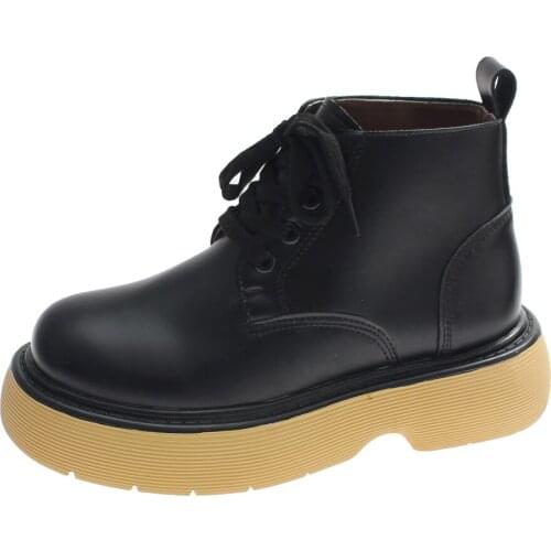 2021 Winter Thick-soled Flats Ankle Boots British Style Retro Martin Boots Women Lace-up Leather Short Boot Shoes Woman Botas