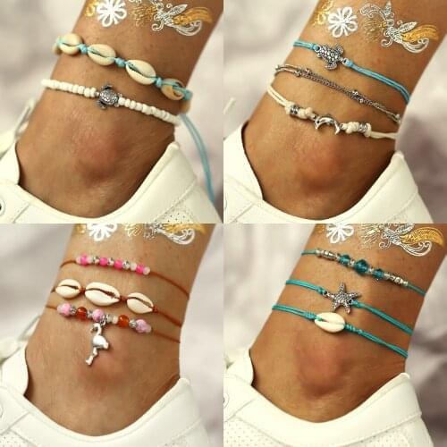 2021 New Fashion Retro Bohemia Style 3 Pcs Sleeve Lucky Tree Shell Tortoise Multilayer Anklet Mens Womens Beach Accessories