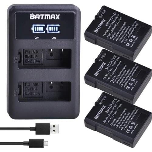 Batmax 3 pc EN-EL14 EN EL14a EL14 Camera Battery+LED Dual USB Charger for Nikon P7800 P7000 D5500 D5300 D5200 D3300 D5600 D3400