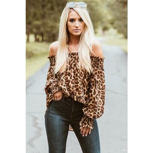 Ladies Strapless Leopard Print Shirt Ladies Fashion Casual One-shoulder Long-sleeved Loose Top Puff Sleeve Loose Club Party Top