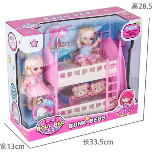 Play house toy princess bed pink bunk beds with girl dolls children gift furniture dollhouse toys gift