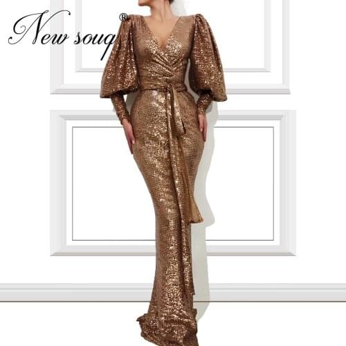 Brown Sequins Mermaid Dubai Prom Gowns 2020 Long Turkish Muslim V Neck Evening Dresses Girls Kaftans Party Gowns Robe De Soiree