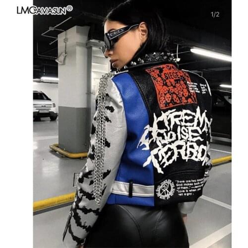 LMCAVASUN rivet beading PU Leather Jacket New Fashion Streetwear Leather Jacket Graffiti Outwear