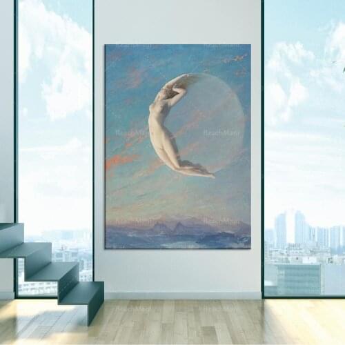 Moon Goddess Footprints, Celestial Art, Luna, Retro Naked Girl, Art Nouveau, Blue Sky Naked Art Deco Poster