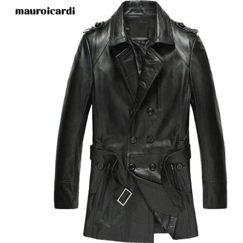 Mauroicardi Autumn Black Pu Leather Trench Coat for Women Long Sleeve Double Breasted Elegant Luxury British Style Fashion 2021