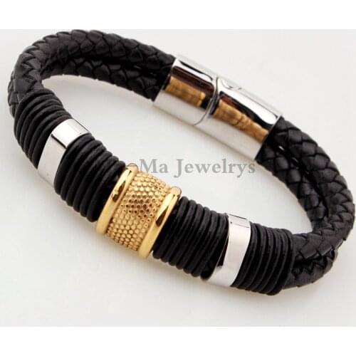 22cm Men Jewelry Handmade Braided Black Genuine Leather With Stainless Steel Gold Color Mens Bracelet