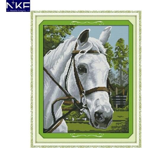 NKF White Horse Cross Stitch Pattern Handmade Craft Needlework Embroidery Kit Animal Cross Stitching Set for Home Decor