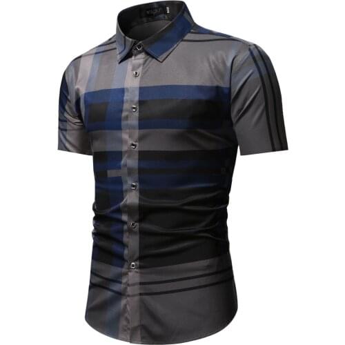 2021 Summer New Boys' Color Matching Plaid Slim Youth Lapel Casual Shirt