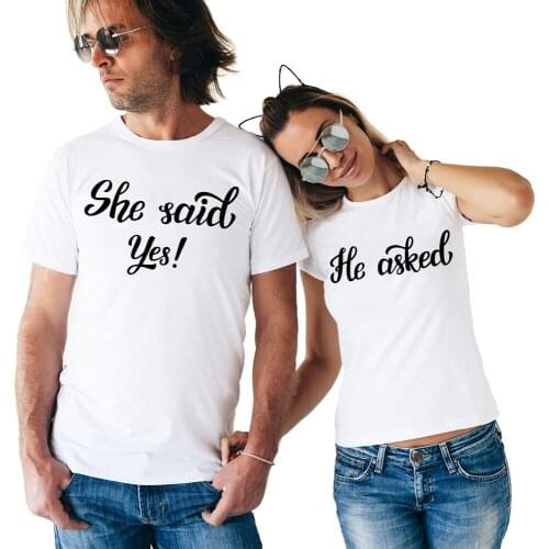 Casual Matching Couple Clothes Summer Valentines Top Tees 2020 "HE ASKED SHE SAID YES" Printed Couple T Shirts for Lovers