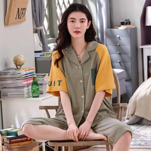 200 Pounds of Large Size Dress Fat mm Pajamas Female Summer Pure Cotton Short Sleeve Cardigan Capri Pants Thin Tracksuit XXXXL O