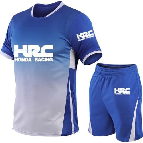 Casual Mens T-shirt HRC race motorcycle Car Logo printing high quality Summer Cotton Mens T-shirt + shorts two-piece suit