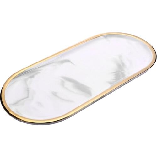 Nordic Style Gold-Plated Oval Plate Creative Ceramic Plate Marbled Western Dish Snack Plate Cake Storage Tray Jewelry Tray Decor