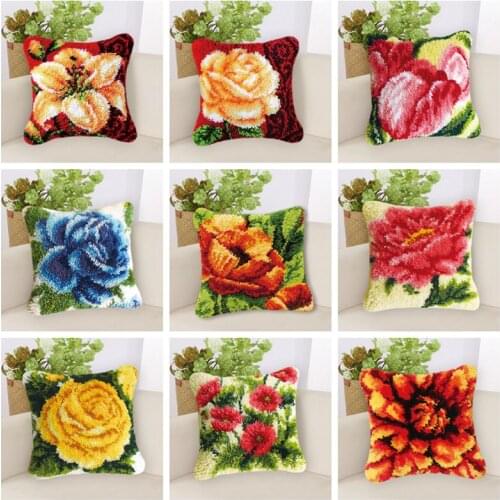 Prajna Beauty Flowers Cushion Pillow Latch Hook Kit Rug Mat DIY Embroidery Needlework Crochet Pillow Kits Unfinished Accessories