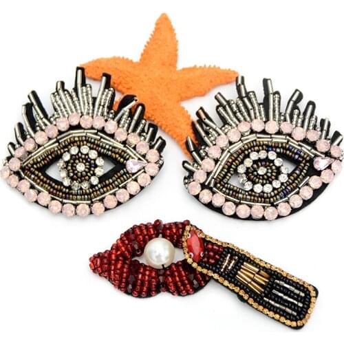 DIY 3D Handmade embroidery beaded pink eyes lip Lipstick sequins patch applique for Coat Trousers Bag Brooch