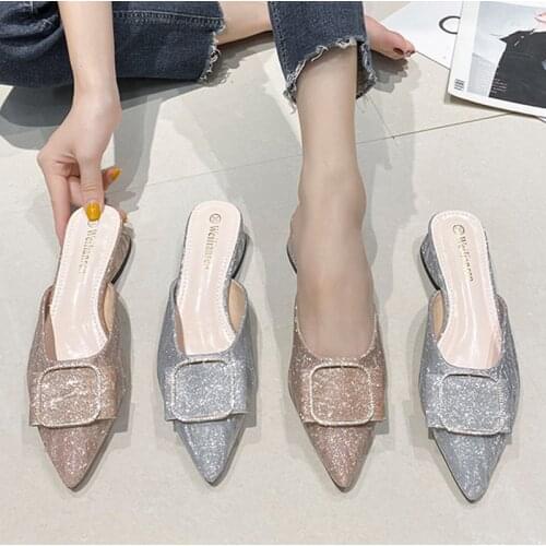 Gold/Silver silk crystal metal buckle band pointed toe mules woman flipflop cover toe slip on low heels slippers shoes women2020