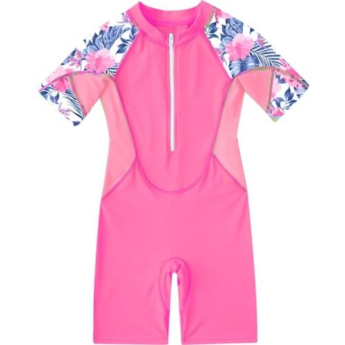One piece swimsuit Girls Swimwear Short Sleeves Floral Printed Zippered Swimsuit Bathing Suit Rash Guard Children Swimming Suits