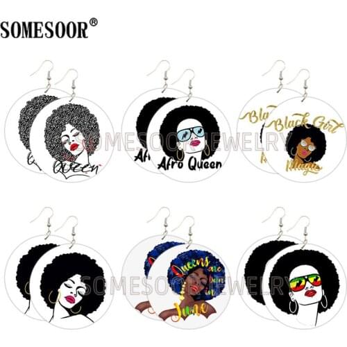 SOMESOOR Afro Queen Natural Hair Designs Wooden Drop Earrings Both Sides Printed Wood Loops Dangle Jewelry For Women Gifts