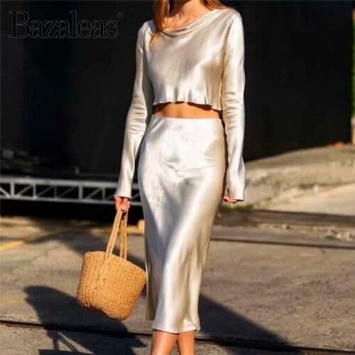 Bazaleas harajuku Crop top and Midi Skirt Vintage Like Silk Smooth women Suit Satin two piece set Fashion tracksuit women