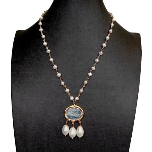 Y·YING Cultured White Pearl Rosary Chain Necklace Blue Kyanite Rice Pearl Pendant 18"