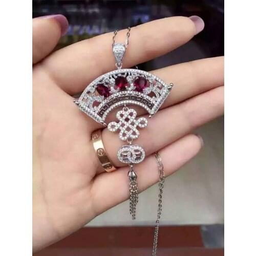 Natural red garnet stone brooch S925 silver Natural gemstone brooch Pendant trendy Chinese knot tassel women two wears jewelry