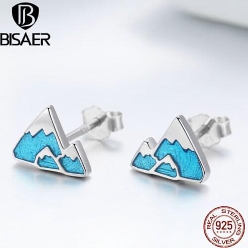 BISAER Small 925 Sterling Silver Iceberg Shape Stud Earrings for Women Blue Enamel Unique Earrings Stud Silver Jewelry ECE475