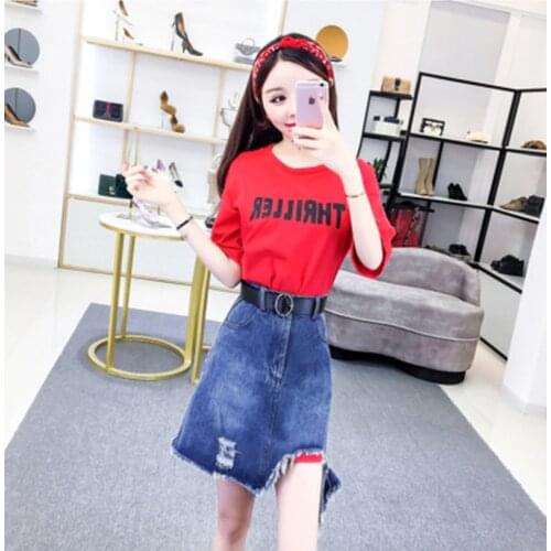 2021 Summer Fashion Women Outfits Belt Suits Print Letters Long T Shirt Tops + Tassel Hole Denim Skirt 2 Pieces Sets Plus Size