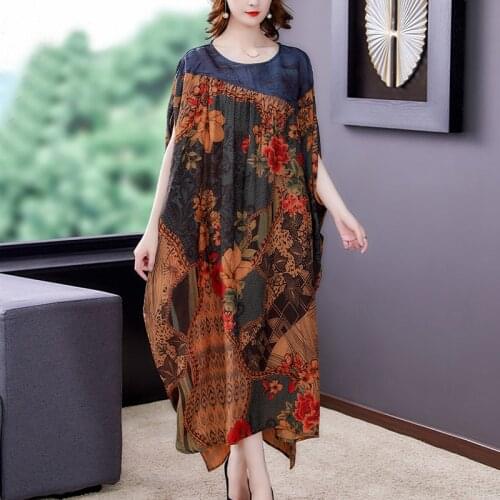 Summer Boho Print Mulberry Silk Beach Maxi Dress 2021 Vintage Loose 4XL Plus Size Midi Dress Women Elegant Bodycon Party Vestido