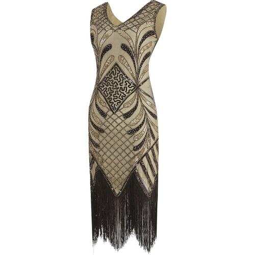 Retro 1920s Gatsby Charleston Dress V Neck Sleeveless Sequin Fringe Art Deco Women Flapper Dress Ganster Party Costumes