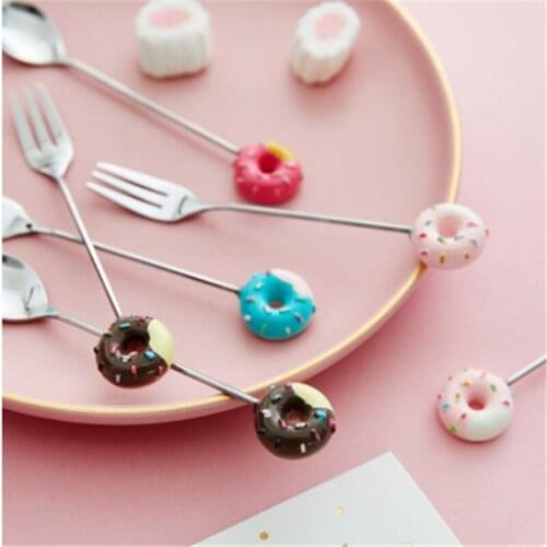 2pcs/set Stainless Donut Fork Spoon Set Cute Girl Mini Fork Creative Tableware Dessert Spoon Coffee Stirring Spoon Home Decor