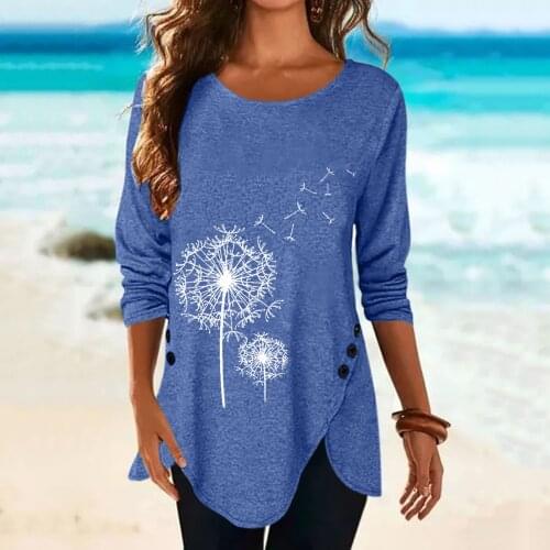 40#Plus Size Shirts Women Long Sleeve 3D Dandelion Printed Button Elegant O-Neck Tops Tee Shirt Pullover Blouses футболки