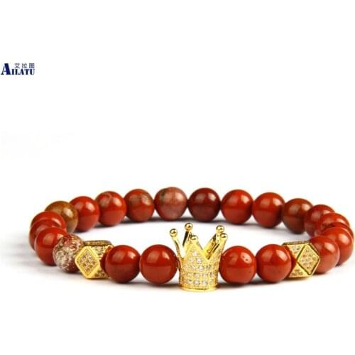 Ailatu Luxury Men Gold Color CZ Crown Bracelets with 8mm Natural Red Stone Beads Customizable Size, Style and Color