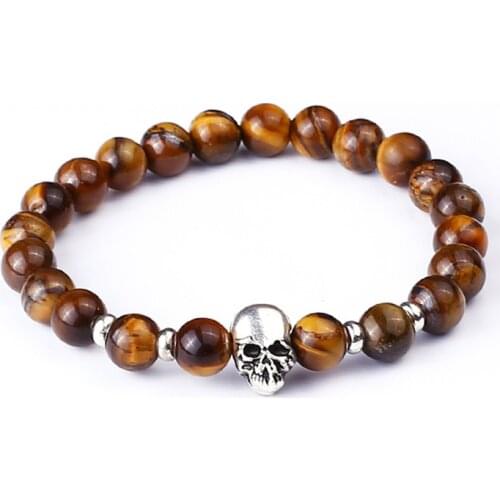 Antique Silver-Color Buddha Skull Head Bracelet Tiger Eye Black Lava Stone Skeleton Beaded Bracelets For Men Women Pulseras Homb