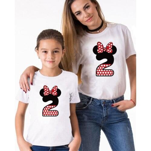 Minnie Mouse Bow Print Numbers 0123 Family Matching Clothes Short Sleeve White Round Neck Unisex Adulf Kids T-shirt Family Look