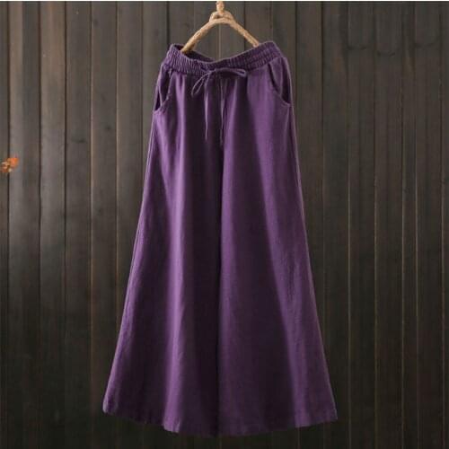 New Arrival Spring Arts Style Women Elastic Waist Loose Cotton Linen Pants Femme Trousers Vintage Purple Wide Leg Pants V304