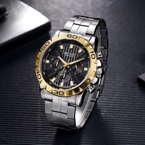 MEGIR 2087 Stainless Steel Strap Quartz Male Wristwatches Waterproof Chronograph Luxury Business Calendar Watch Men Clock