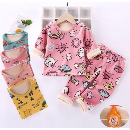 For 1-8 Yrs Kids baby Pajamas Sets Boys Girls Velvet warm Long Sleeved Cartoon Clothing Set Winter Thicken Sleepwear Suit Pyjama